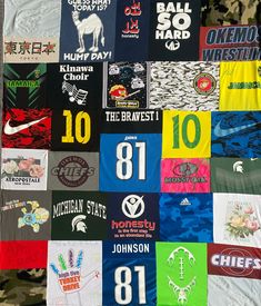 a quilt made up of many different sports jerseys