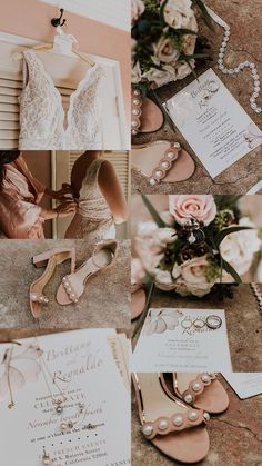 the wedding dress and shoes are laid out on the floor next to the bride's bouquet