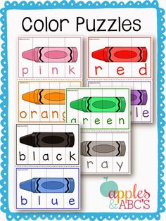 four different color puzzles with the words red, orange, green and blue