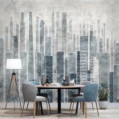 a dining room with a table and chairs in front of a cityscape wall mural