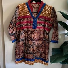 New With Tag Boho Cotton 3/4 Sleeve Top With Gold Sequins. Made In India. Size Tag Says 30. Chest: 20” Across Shoulder To Shoulder: 15” Sleeve Length: 16” Length: 29” Fitted Multicolor V-neck Kurta, Multicolor Cotton Blouse With 3/4 Sleeves, Festive Multicolor Casual Tops, Multicolor Long Sleeve Festive Top, Bollywood Style Multicolor Long Sleeve Tops, Gold Sequins, Size Tag, Sleeve Top, Womens Sizes