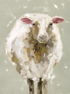 a painting of a sheep standing in front of a white background with brown spots on it's face