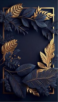 gold and blue leaves are arranged in a square frame on a black background with a golden border