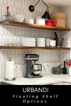 a kitchen shelf filled with lots of dishes and utensils on top of a counter