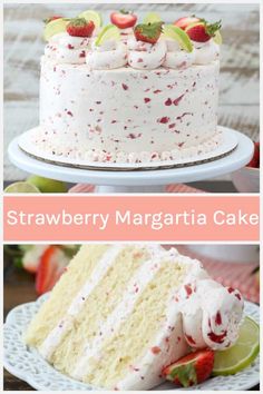 strawberry margarita cake with white frosting and fresh strawberries on top