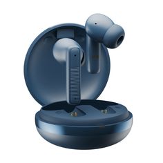 an earbuds and headphones are shown in this 3d image, which appears to be made out of blue plastic