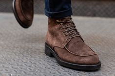 Time to get rugged. Our stylish moc-toe boots are guaranteed to impress. Runs full size large (order full size down from regular US dress shoe size). For example, if you normally wear a size US 10 dress shoe, order a size 9 Alternatively, order one and a half sizes below your Brannock device measurement. For example, if you measure a 10 on the Brannock, order a size 8.5 Full-grain Italian suede leather upper Rubber sole Blake construction Made in Italy Men Boot, Moc Toe Boots, Brown Suede, Chukka Boots, Wedge Boot, Dark Brown, Suede Leather, Handmade Natural, Dress Shoes