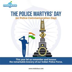 an advertisement for the police martys day celebration in india, with a man holding a flag