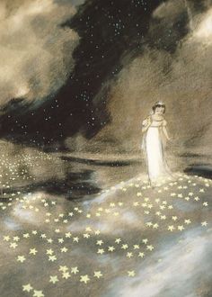 a painting of a woman standing on top of a hill with stars in the sky