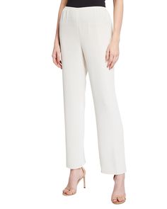 Matte crepe woven fabrication Straight-leg silhouette Waistband has a flat front with elasticized sides and back Pull-on construction Approx. 30" inseam Polyester Hand wash Made in the USA. Caroline Rose, Straight Leg Pant, Knitwear Design, Crepe Fabric, Ankle Pants, Straight Leg Pants, Elegant Fashion, Women Collection, Wardrobe Essentials