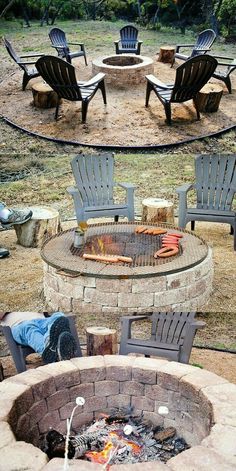 an outdoor fire pit with chairs around it in the middle of two photos, one is empty