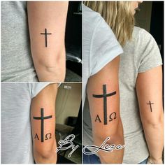 three different images of the same cross on someone's arm, both with black ink