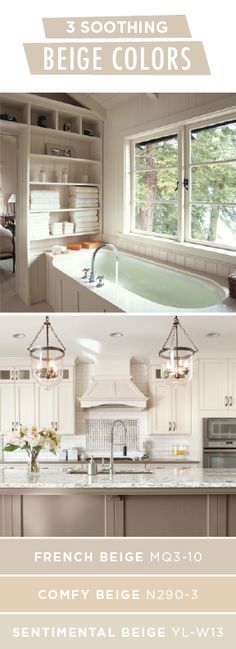 three different pictures of a kitchen with white cabinets