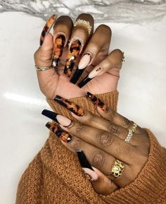 70s Inspired Nails Acrylic, Fall Animal Print Nails, Black People Nails, Fall Birthday Nails, Leopard Print Nail Designs, Tortoise Shell Nails, Long Acrylic Nail Designs, Dope Nail Designs, Nail Candy