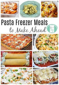 the collage shows different types of pasta and other foods in pans with text overlay