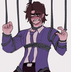 a drawing of a man in purple shirt and black pants holding onto ropes with one hand