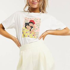 Monki Tavi Girl With Cat Printed T-Shirt. New With Tag, Never Worn. #Tds414m White Cat Print T-shirt For Summer, Spring Cat Print Crew Neck T-shirt, Trendy White T-shirt With Cat Print, Girl With Cat, Ribbed Shirt, Embroidered Tee, Cat Print, Striped Tee, Tee Design