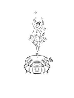 a black and white drawing of a ballerina dancing on top of a round object