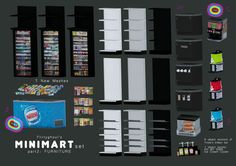 an assortment of minimart products displayed on a black background