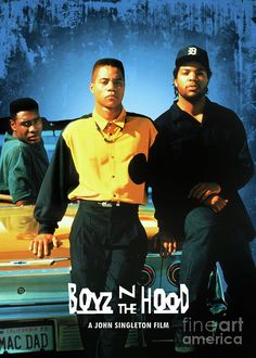 two men standing next to each other in front of a car with the words boyz n'hood on it