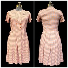 "*Vintage 50's 60's / Orange & Blue Gingham Style Print / Fit Flare Cotton Day Dress / XS-S *Wonderful Style Details! *Orange & Blue Gingham-Style Check Cotton *Fit Flare Silhouette *Faux Double Breasted Look w/ 6 Working Orange Buttons to Waist *Seaming Detail Below Neckline *Narrow Scoop Neckline *Short Sleeves *Pleated 'Skirt' *Waistline Vertical Darts Front & Back *Fabric Beltloops (no belt) *Very Good Condition, the color is consistent throughout, it's the sun in some areas of the photos Bust: 34\" Waist: 27\"  Hip: Free Length: 36 1/2\" Shoulder to Shoulder: 14\" Shoulder to Waist: 15\" Waist to Hem: 21 1/2\"" Gingham Fashion, Blue Gingham, Day Dress, Decor Kitchen, Dress Clothes For Women, Dresses Xs, Fit & Flare, Scoop Neckline, Vintage Clothing