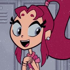 an animated girl with pink hair and big eyes standing in front of a metal door