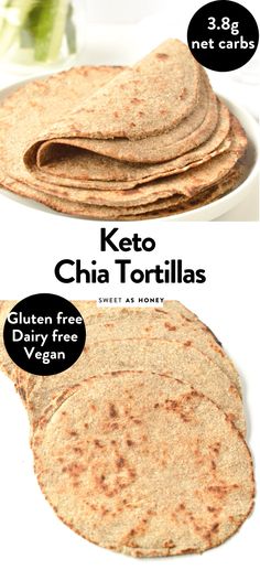 the ingredients for keto chia tortillas are shown in three separate images