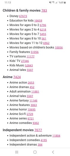 an iphone screen showing the movie list for children and family movies, with pink font