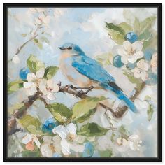 a painting of a blue bird perched on a branch with white flowers and green leaves