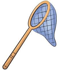 a blue and white checkered net with a wooden stick sticking out of it's side