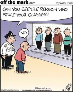 a cartoon depicting people in a museum looking at glass with the words, can you see the person who stole your glasses?