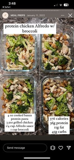 four glass containers filled with food on top of a counter next to an iphone screen