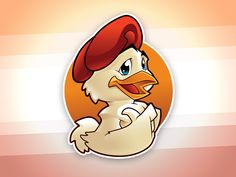 a cartoon chicken with a red hat on its head and an orange circle in the background