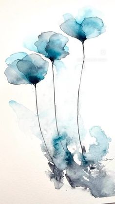 three blue flowers are shown in this watercolor painting