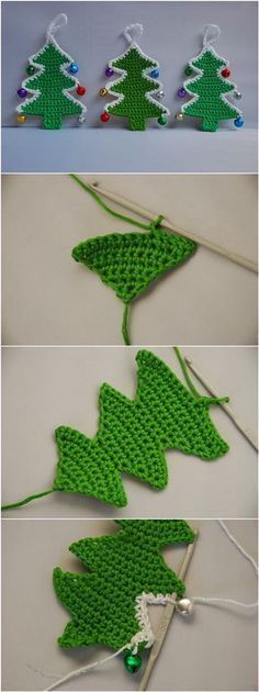 crocheted christmas tree ornaments are shown in three different stages, including the green and white