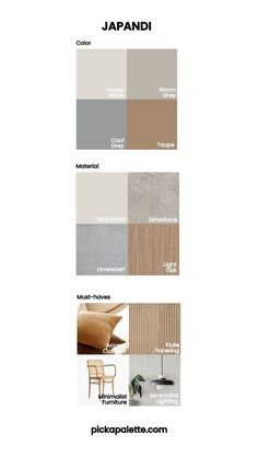 the color scheme for an interior design project, with different furniture and decor items in it