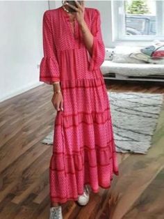 Red V-neck Dress For Vacation, Casual Red V-neck Midi Dress, Red V-neck Dress For Spring Vacation, Red V-neck Vacation Dress, Pink V-neck Maxi Dress For Fall, Red V-neck Maxi Dress For Spring, Casual Red V-neck Dress For Vacation, Red Bohemian V-neck Dress, Red V-neck Bohemian Dress