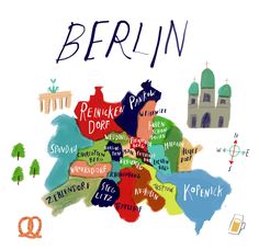 an illustrated map of berlin with the names of all its major cities and their capital