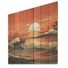 a painting on wood depicting a sunset with a boat in the water and birds flying over it