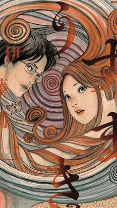 an illustration of two people with long hair and swirls on their heads, one is looking at the other