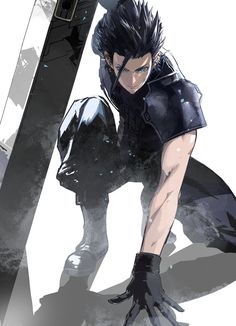 an anime character leaning against a pole with his hand on the ground and looking down