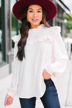 You and this blouse are going to create a beautiful romantic history together! The ruffles are just so cute and we are obsessing over the textured detailing! This blouse is going to look fabulous with nice pants or a skirt! This blouse features long sleeves, a round neckline, ruffles, and textured detailing. Material has no amount of stretch.Cindy is wearing the small. Light Taupe Color, Nice Pants, Ruffled Blouse, Floral Cocktail Dress, Black Tie Dress, Long Sleeve Outerwear, Mint Julep Boutique, Fun Pants, Two Piece Swimwear