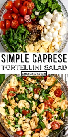 two bowls filled with tortelli salad and the words simple caprese on top