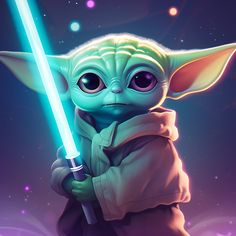 the child yoda is holding a light saber