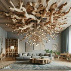 a living room filled with furniture and a chandelier made out of driftwood