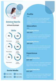 a blue and white resume template with an image of a woman on the front page