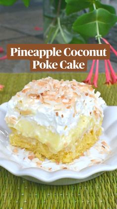 a piece of pineapple coconut poke cake on a plate