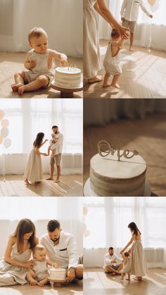 a collage of photos showing a baby and his family celebrating their first birthday with cake