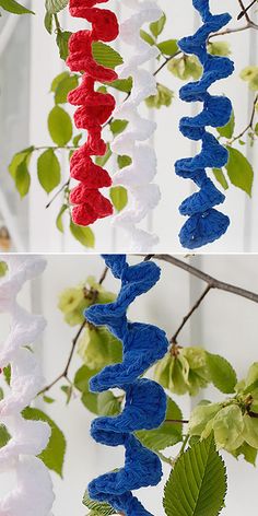 two pictures of different colors of yarn hanging from branches with leaves and flowers in the foreground