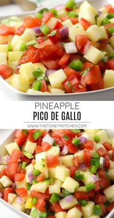 pineapple pico de gallo with diced tomatoes and green onions in a white bowl